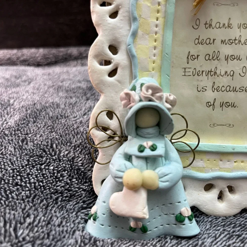 Vintage Mother Angel Picture Frame Blue Yellow Gingham Scalloped Cottagecore